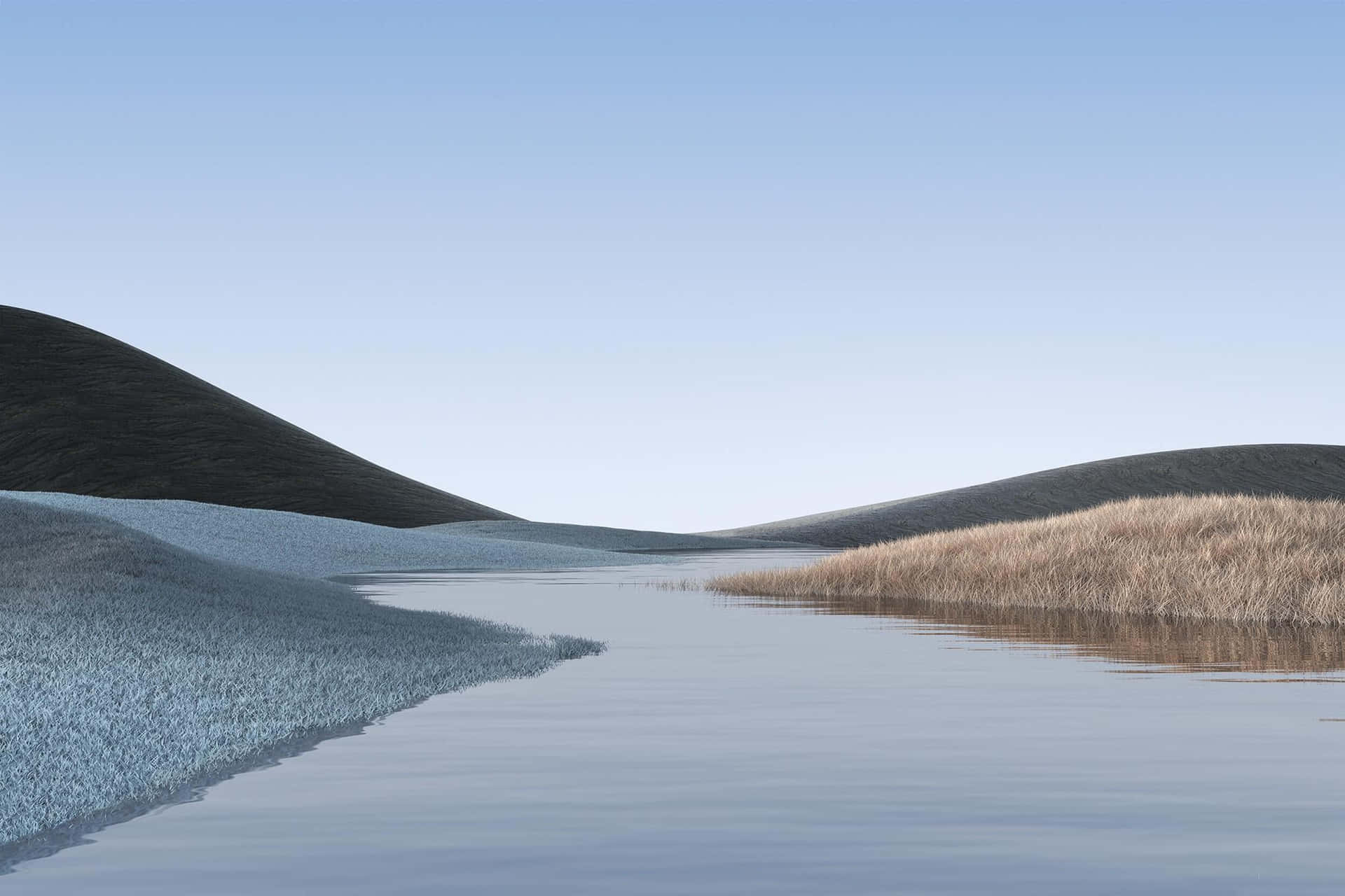 A 3d Rendering Of A River With Grass And Hills