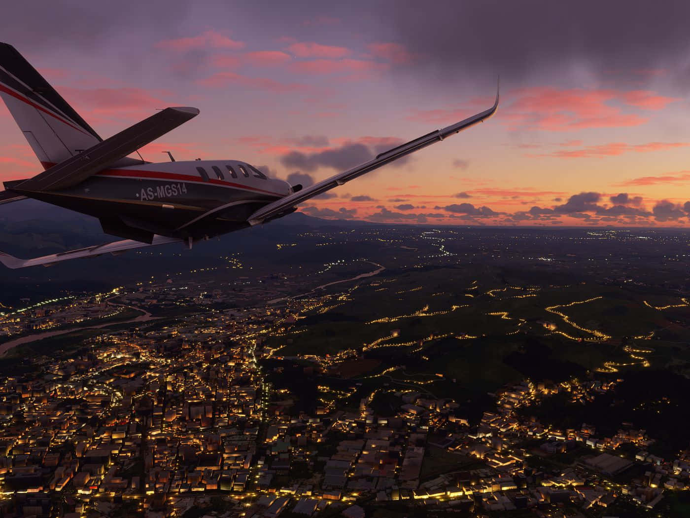 A Plane Flying Over A City At Dusk