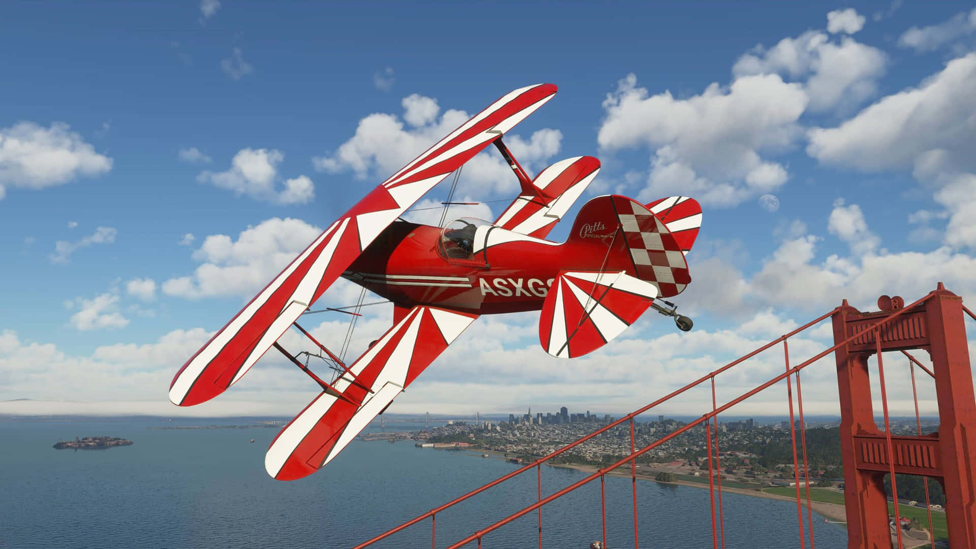 A Biplane Flying Over The Golden Gate Bridge