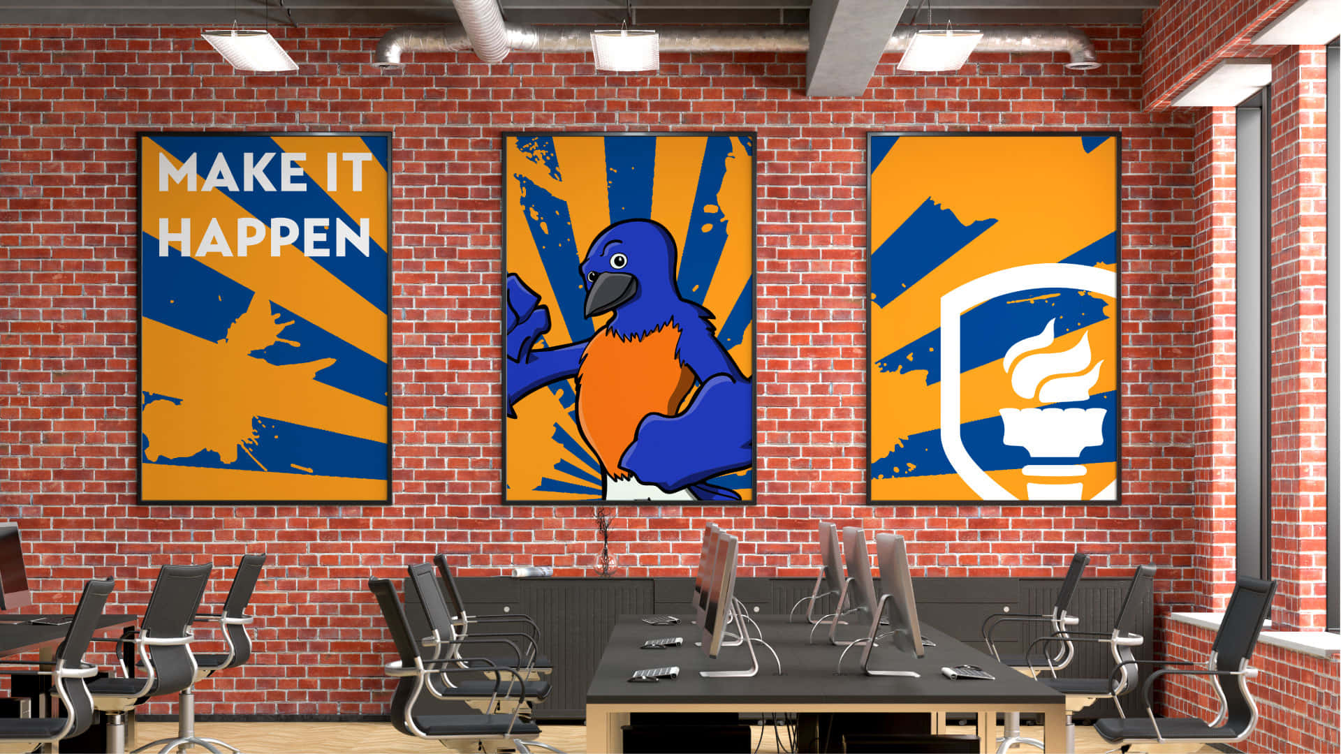 Etrum Med En Blå Og Orange Bannere På Væggen.