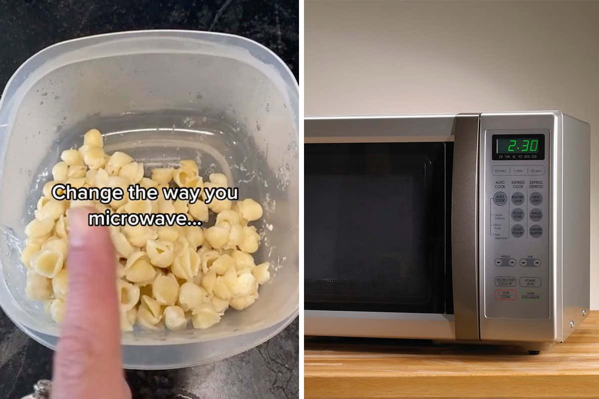 A Person Is Putting Pasta In A Microwave