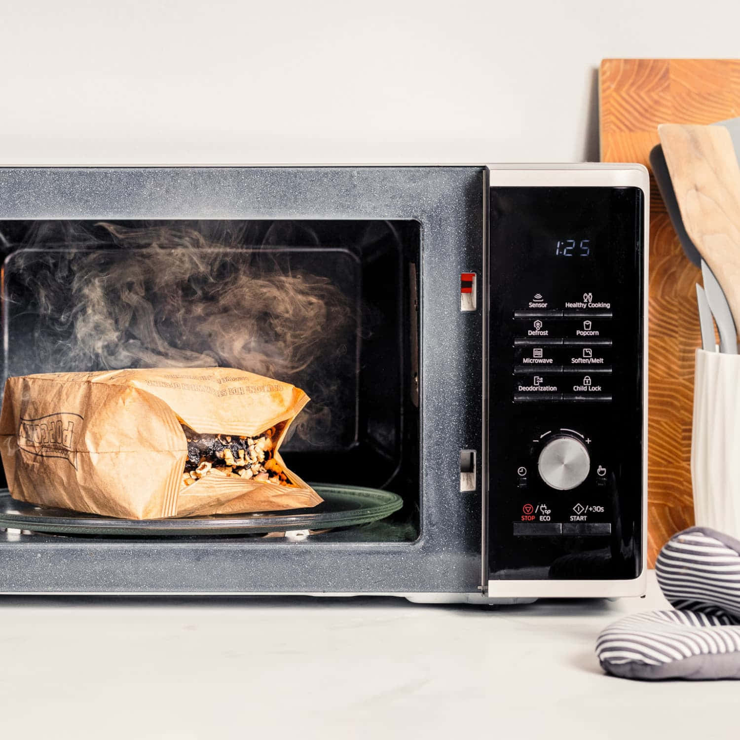 A Microwave With A Bag Of Food In It