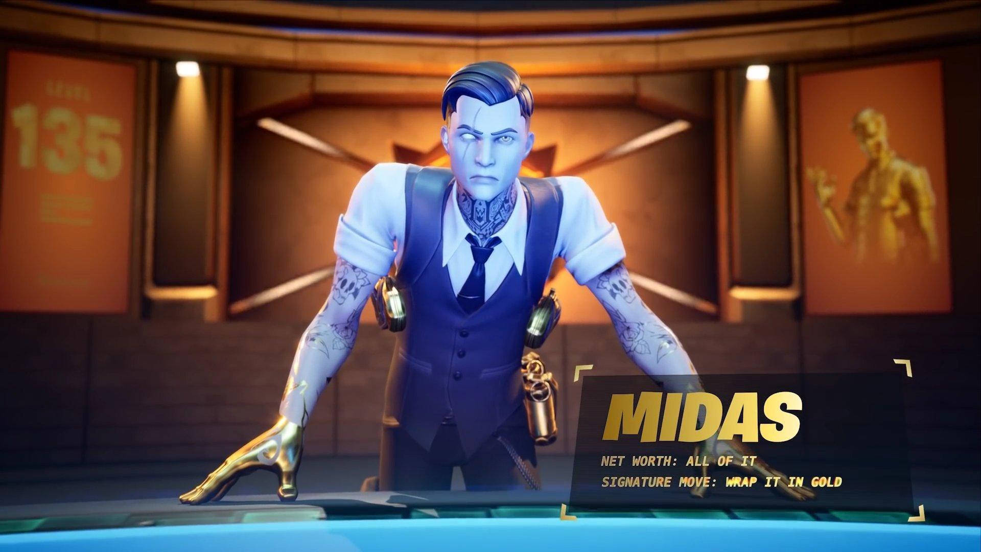 Midas Fortnite Skin Leaning Against The Console Wallpaper