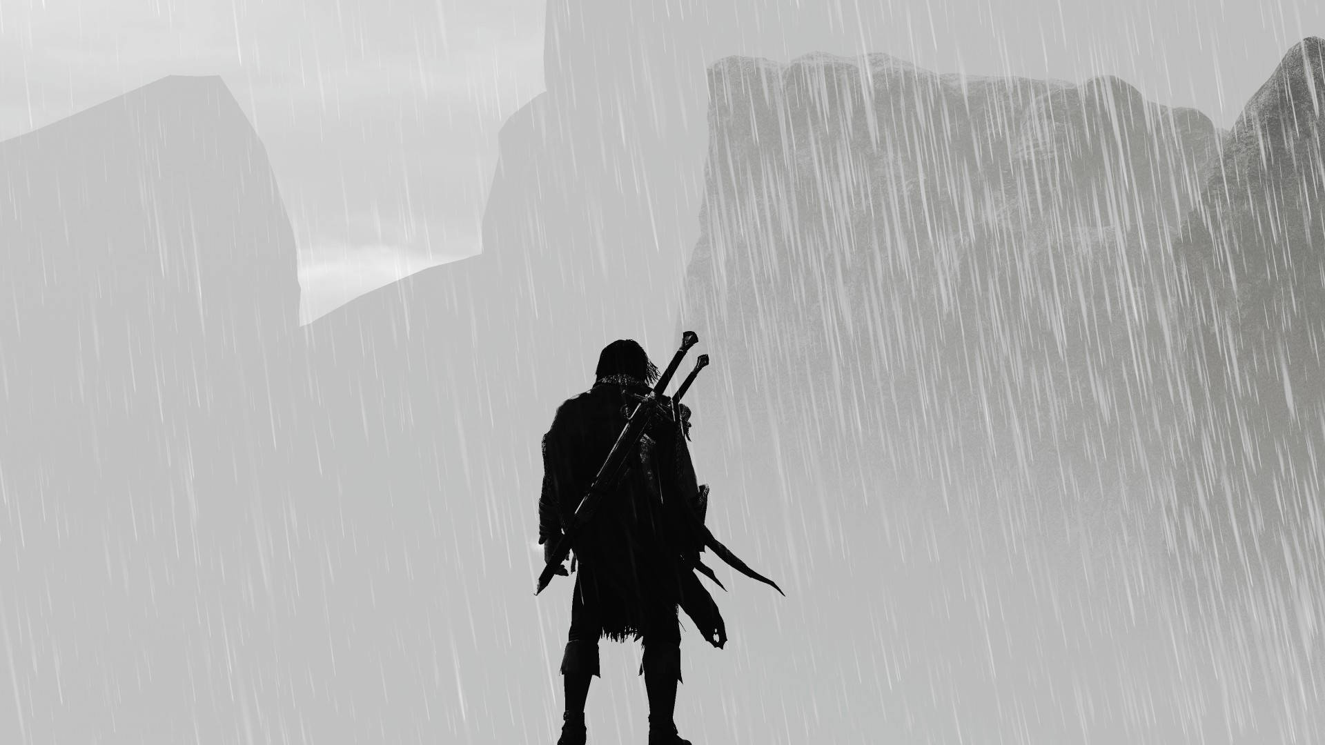 Unasilueta De Un Hombre Parado Bajo La Lluvia. Fondo de pantalla
