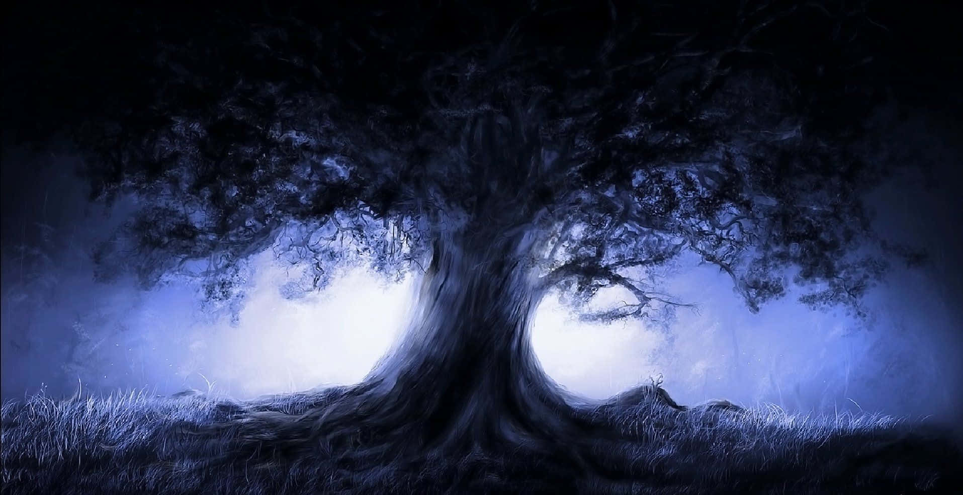 A Painting Of A Tree In The Dark