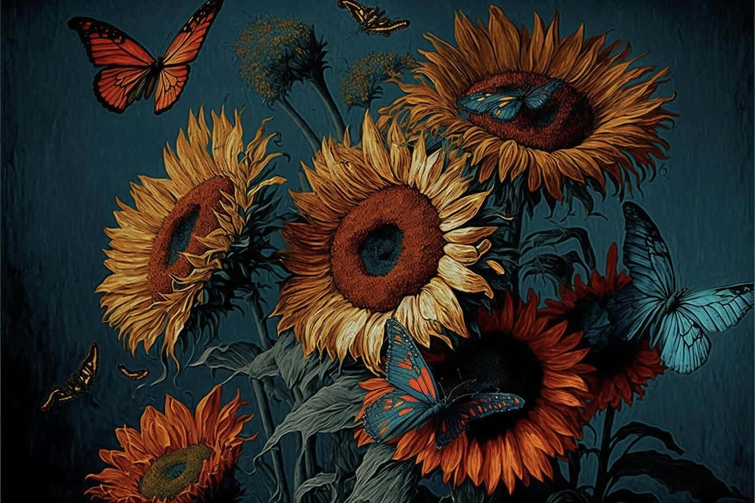 Midnight_ Garden_ Sunflowers_and_ Butterflies Wallpaper