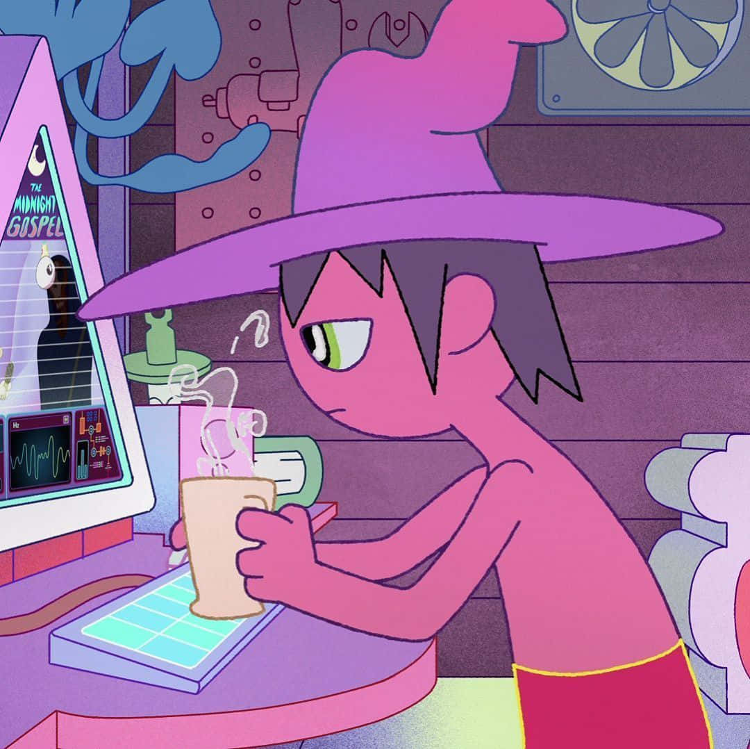 Einmädchen Mit Einem Pinken Hut Sitzt Vor Einem Computer. Wallpaper