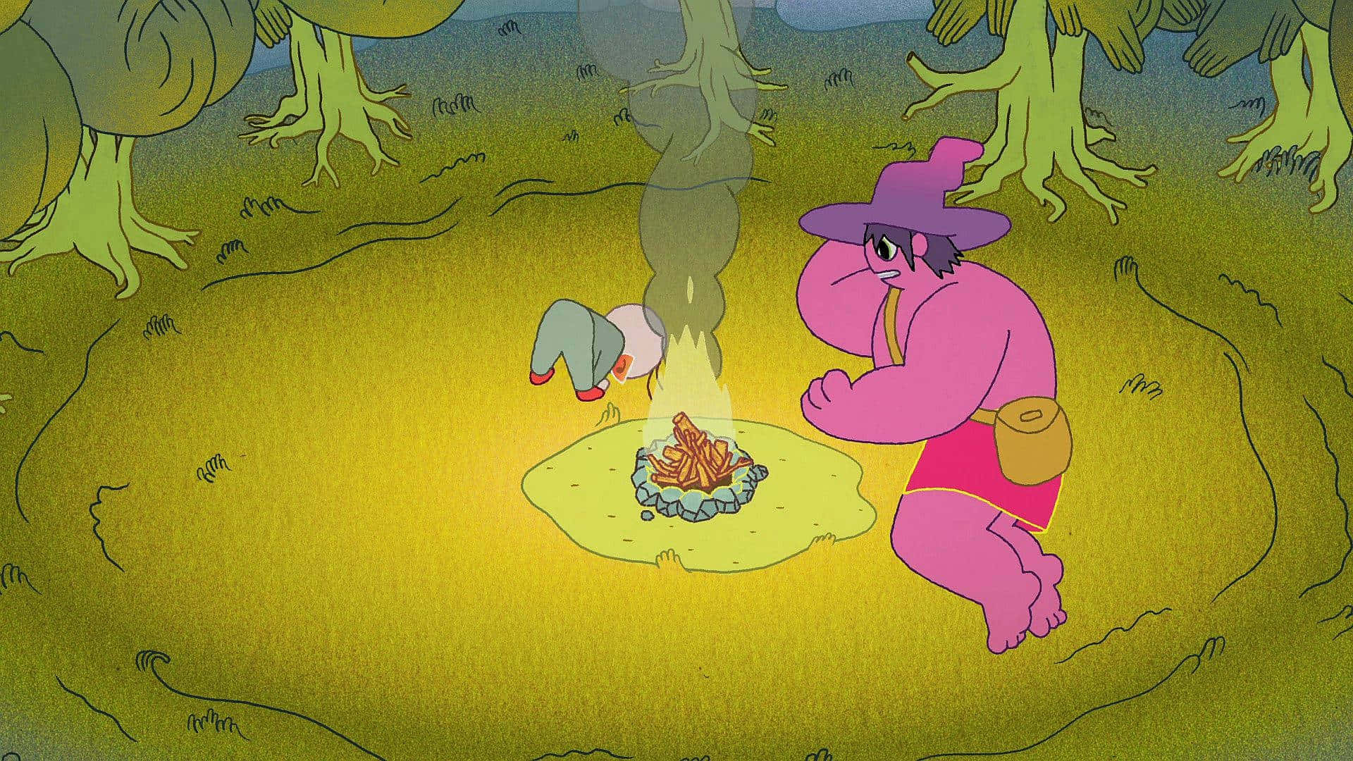Unpersonaje De Dibujos Animados Está Sentado Alrededor De Una Fogata En El Bosque. Fondo de pantalla