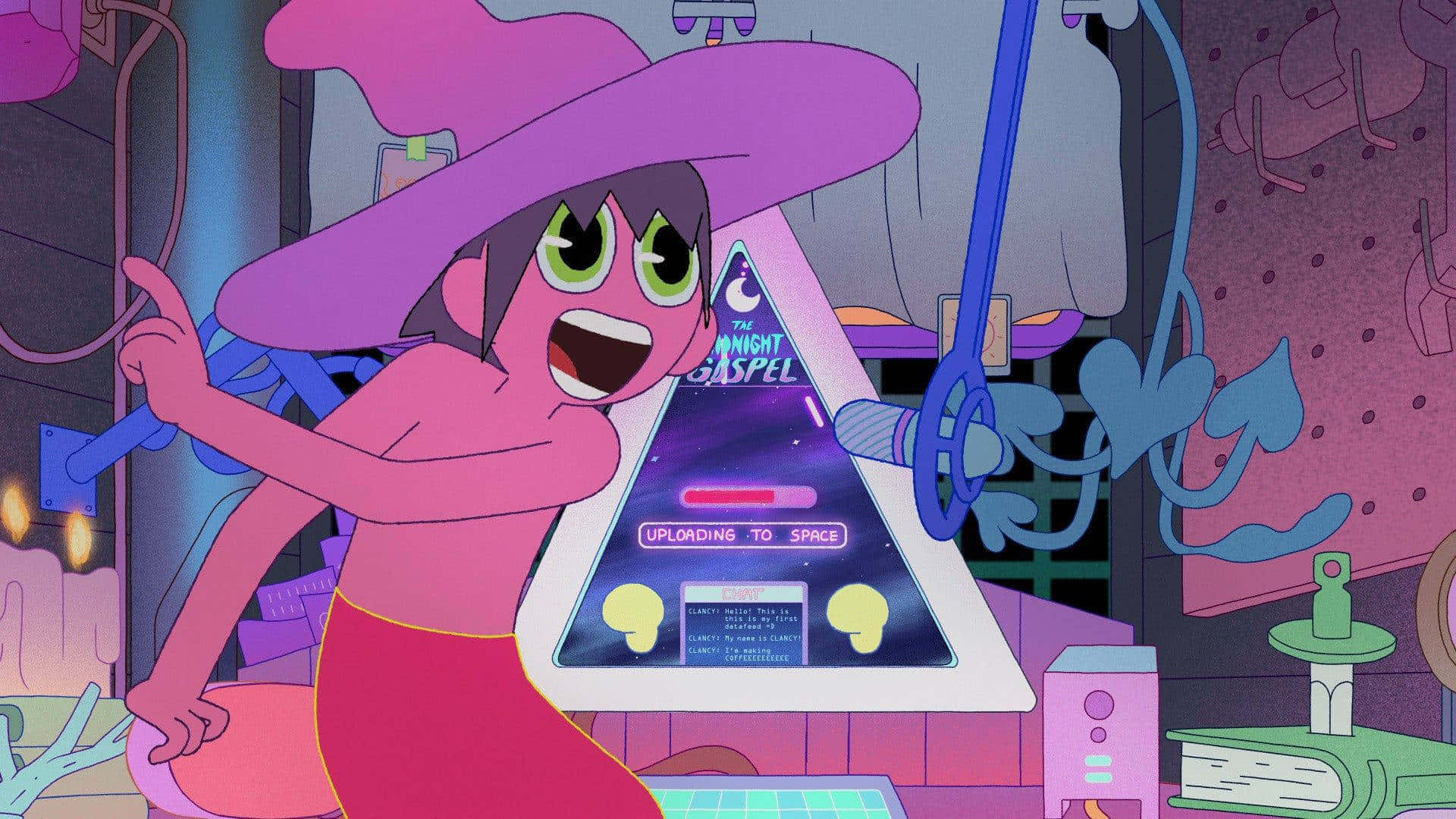 En cartoon-karakter med en pink hat står foran en computer. Wallpaper