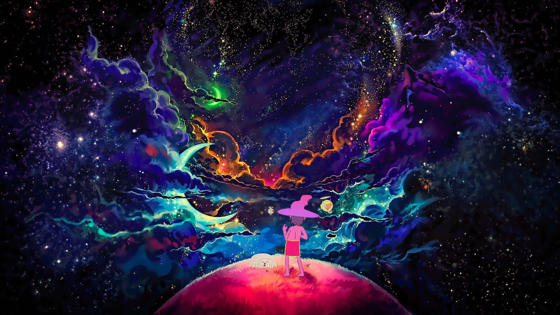 A Girl Is Standing On Top Of A Planet With Colorful Lights Wallpaper