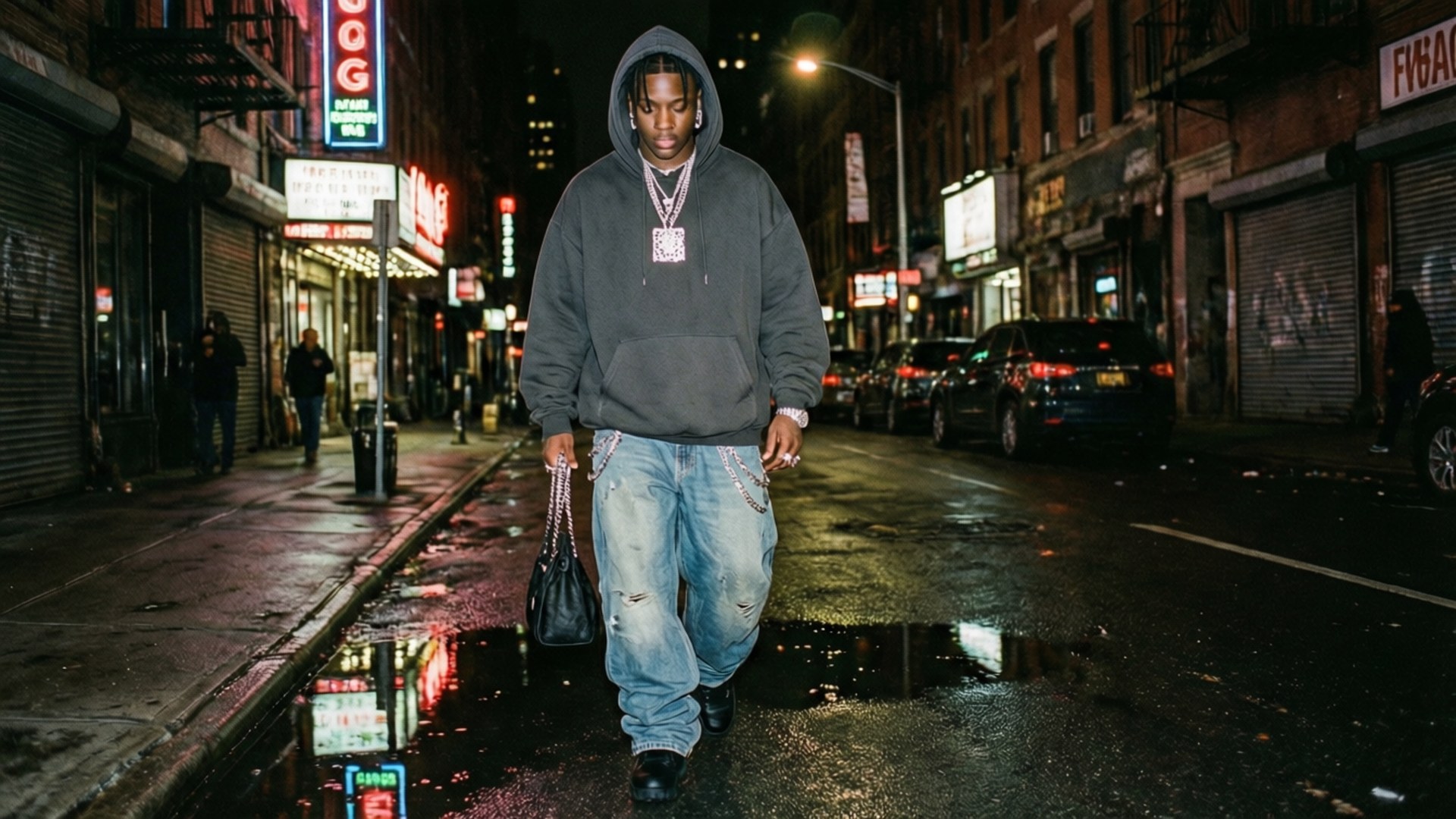 21 Savage fångar urban street style i en neonlyst nattscen