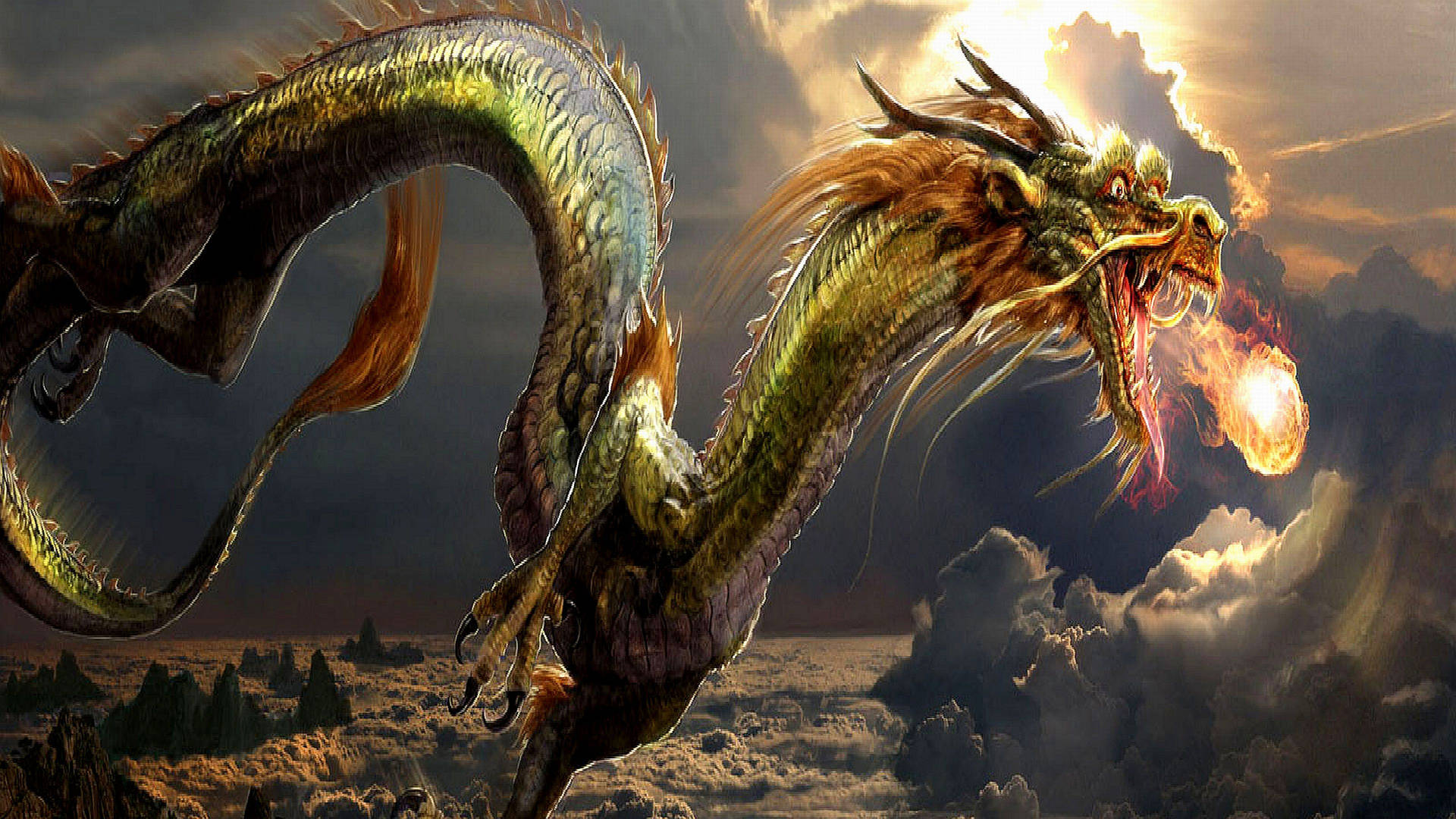 A magnificent Chinese dragon flying through the sky Wallpaper