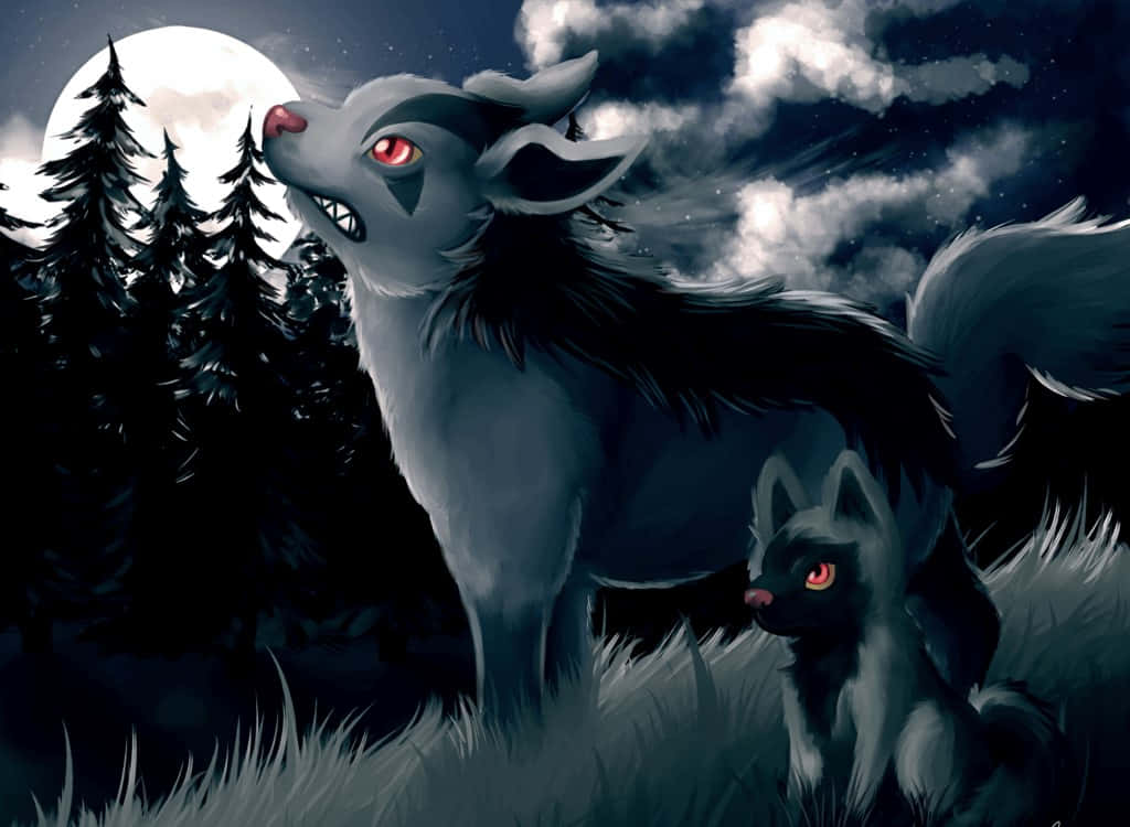 Mightyenaand Poochyena Night Howl Wallpaper