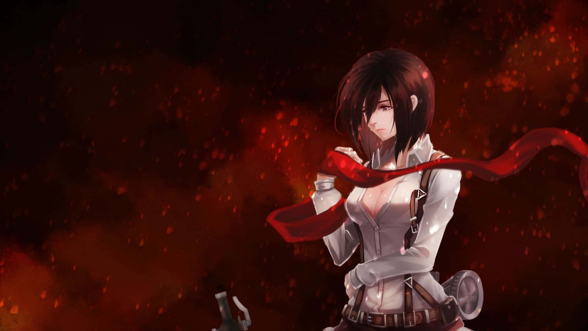 Mikasaackerman Llorando Sosteniendo Una Cinta Roja. Fondo de pantalla