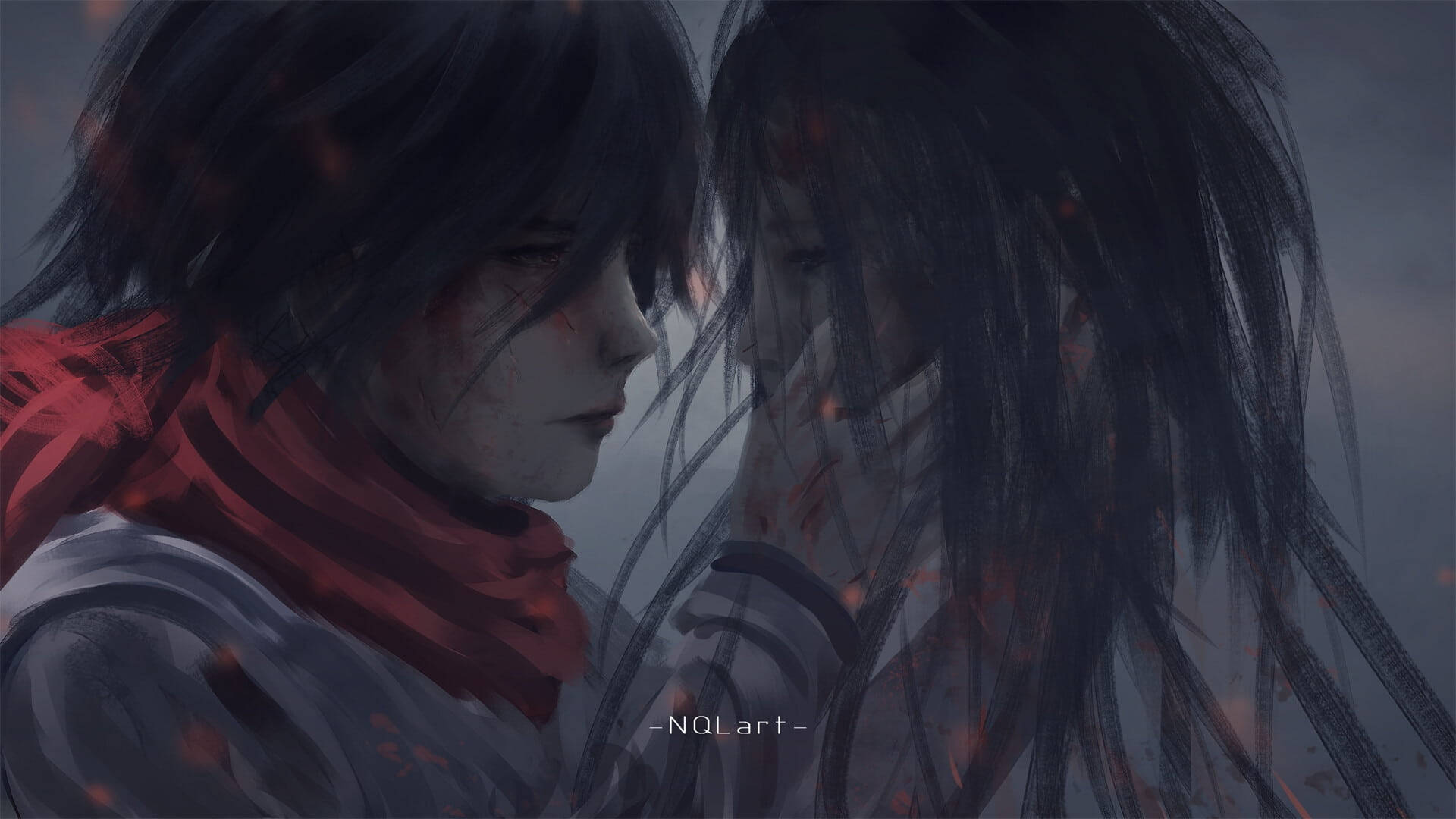Mikasa og Eren æstetisk Anime Par Digital Maleri Wallpaper