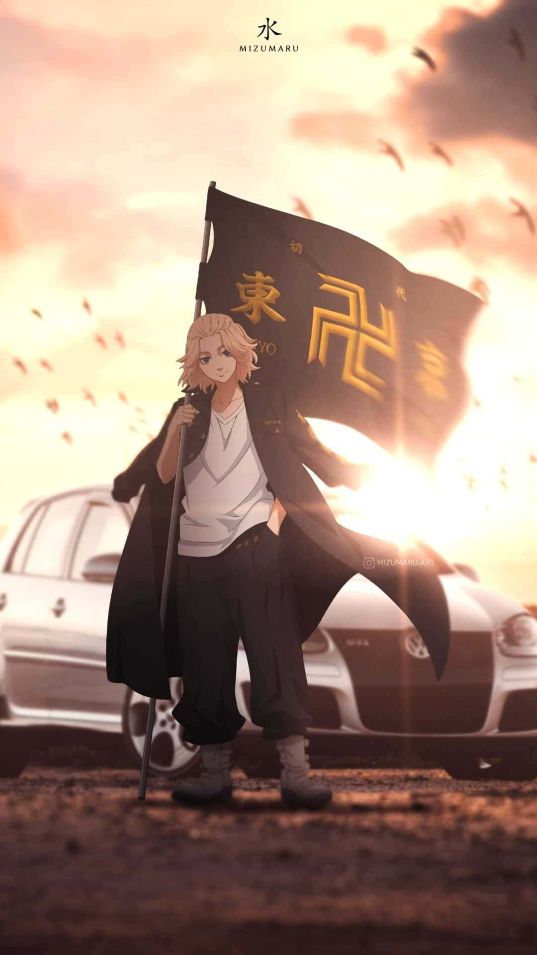 Mikeyde Tokyo Revengers Anime Sosteniendo Una Bandera. Fondo de pantalla