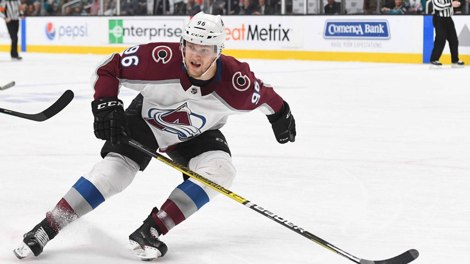 Mikko Rantanen Leaning To The Left And Holding Hockey Stick With Right Hand Wallpaper
