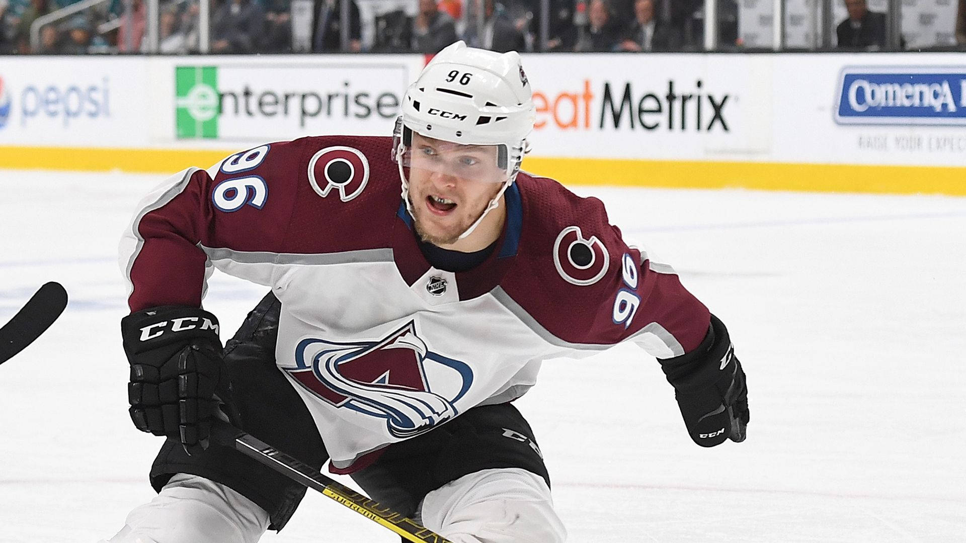 Mikko Rantanen With Mouth Open Holding Hockey Stick Wallpaper