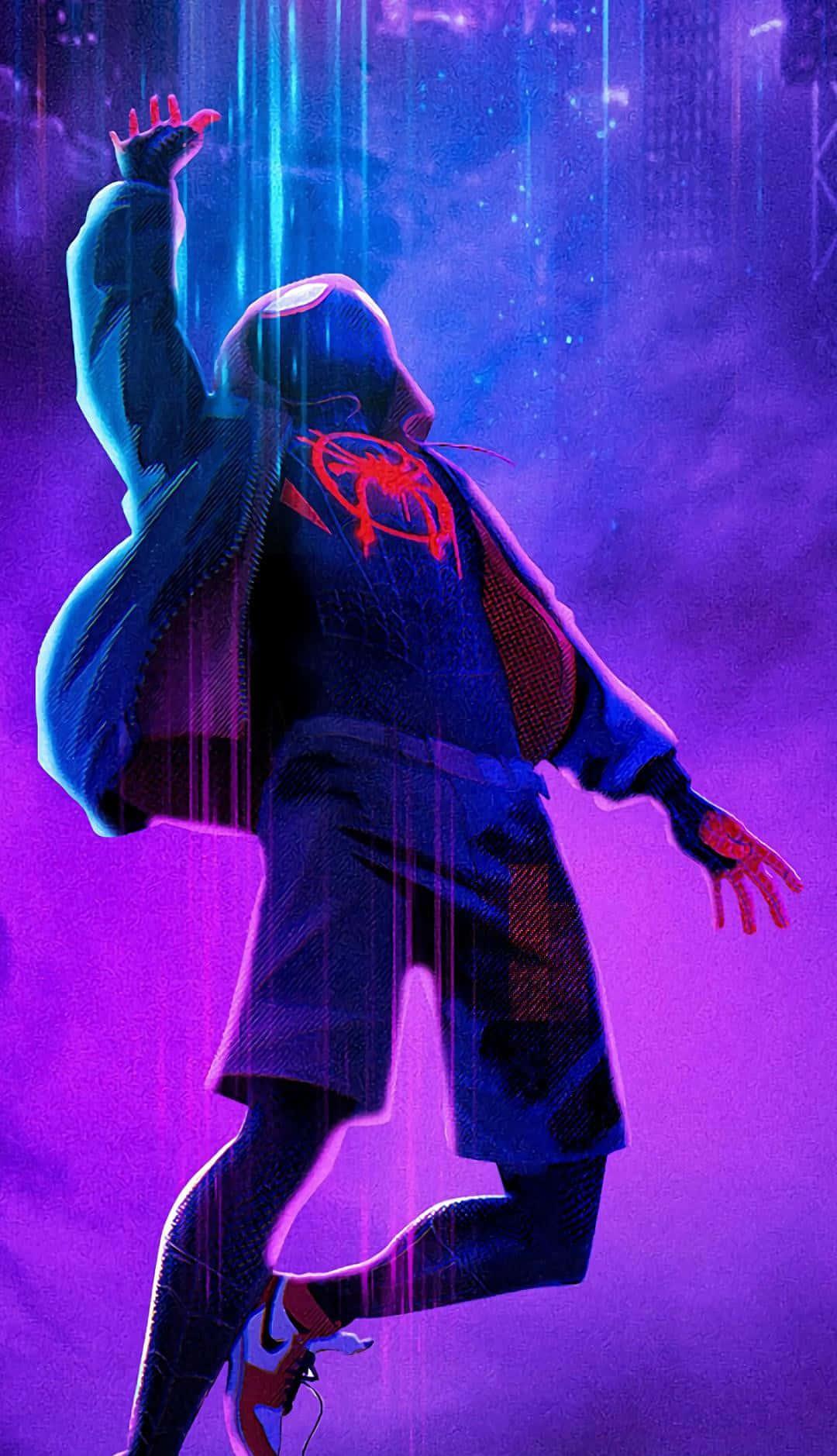 Neonlys med faldende Spider Man Miles Morales iPhone-baggrund Wallpaper