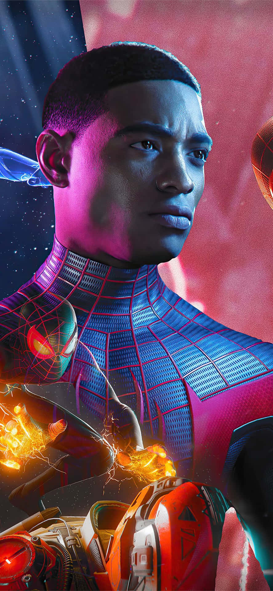Miles Morales fra den højt roste Marvel's Spider-Man: Into the Spider-Verse omkranset af gnister af elektricitet mod en by smukke omgivelser Wallpaper
