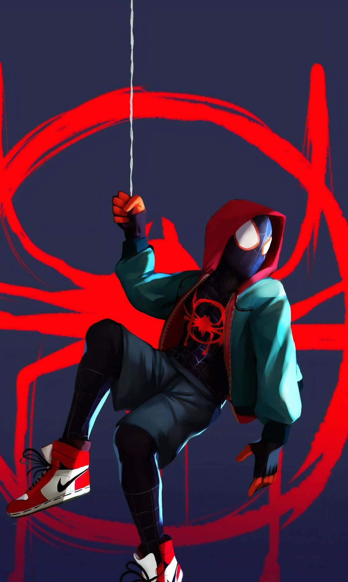 Hanging Spider Man Miles Morales iPhone Digital Illustration Wallpaper