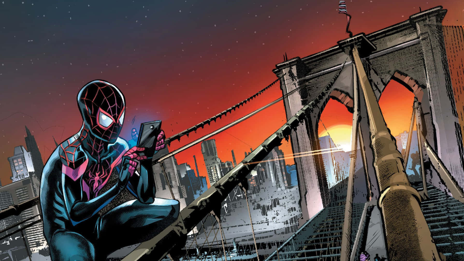 Miles Morales Spiderman Brooklyn Bridge Sunset Wallpaper