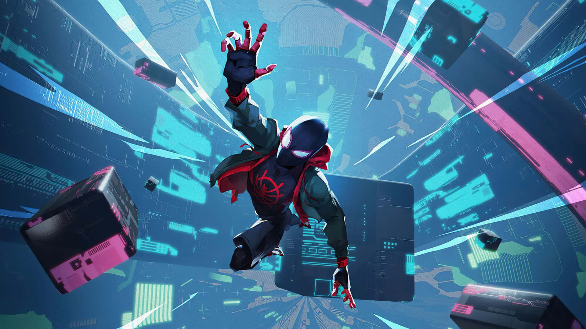 Miles Morales Spiderman Swinging Through Cybercity4 K Wallpaper