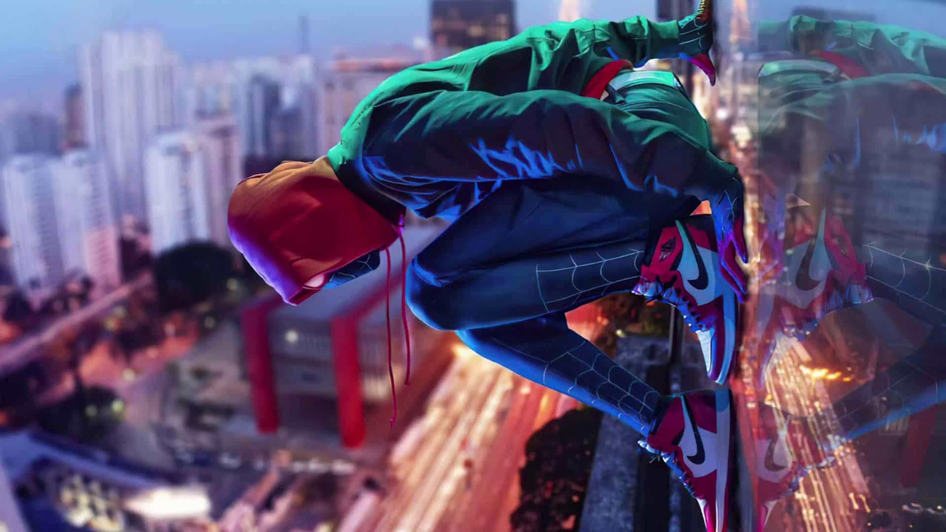 Miles Morales Spiderman Upside Down Cityscape4 K Wallpaper