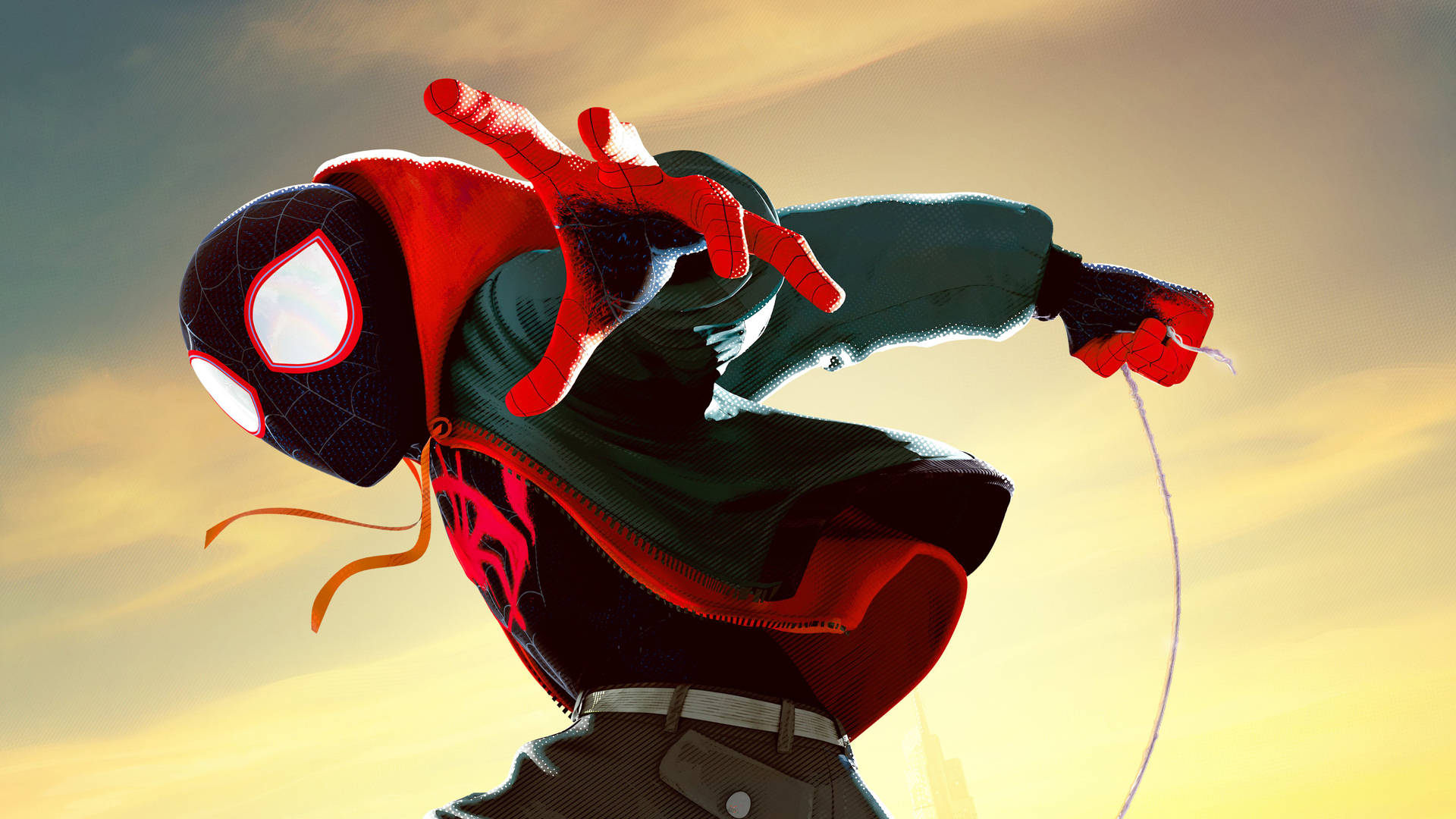 Miles Morales soaring far above the skyline, embracing the sunset. Wallpaper