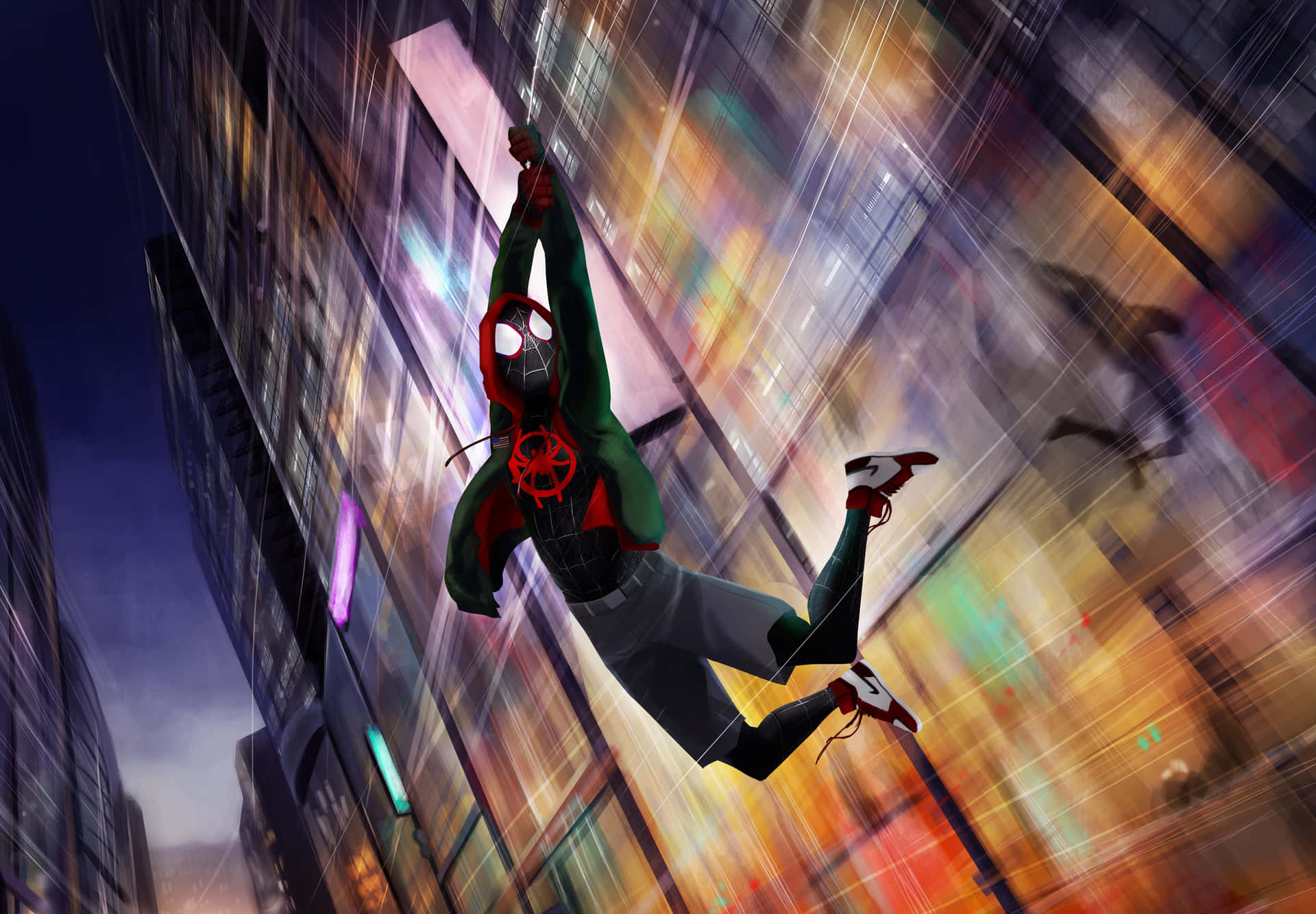 Miles Morales Swinging Through City Wallpaper
