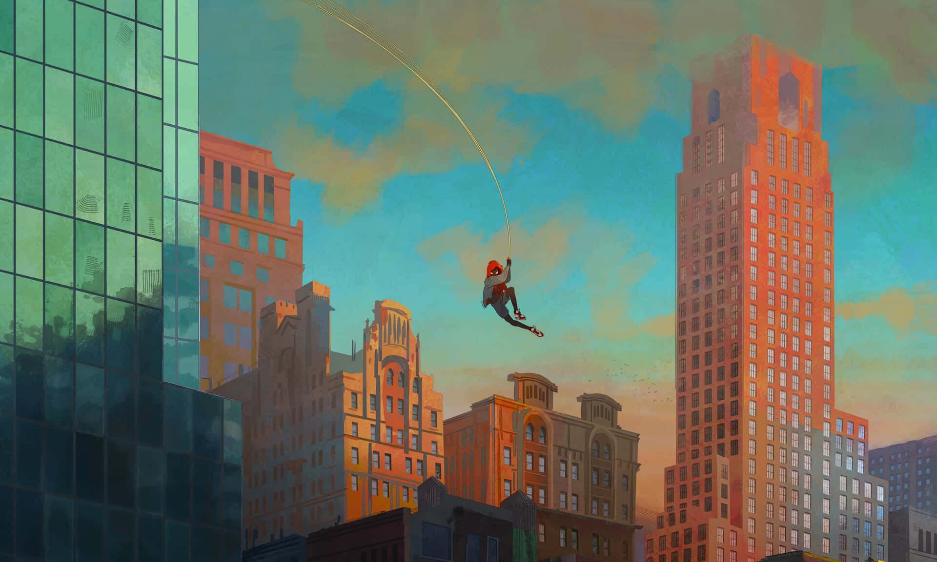 Miles Morales Swinging Through Cityscape Wallpaper