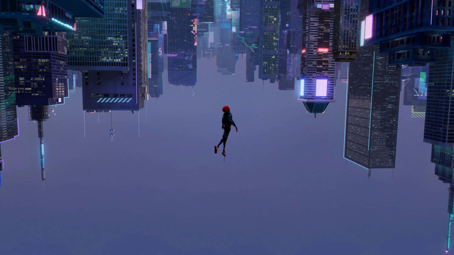 Miles Morales Swinging Upside Down Cityscape Wallpaper