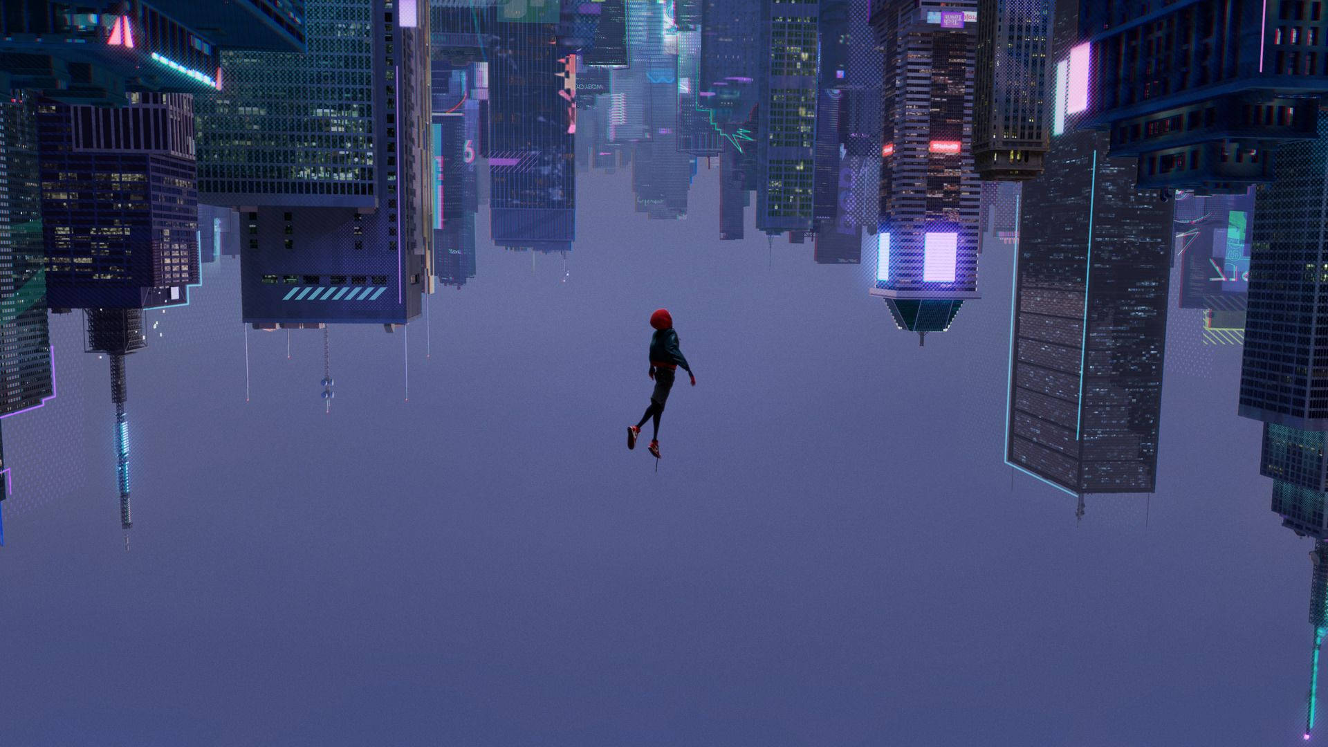 Miles Morales standing atop an upside-down city Wallpaper