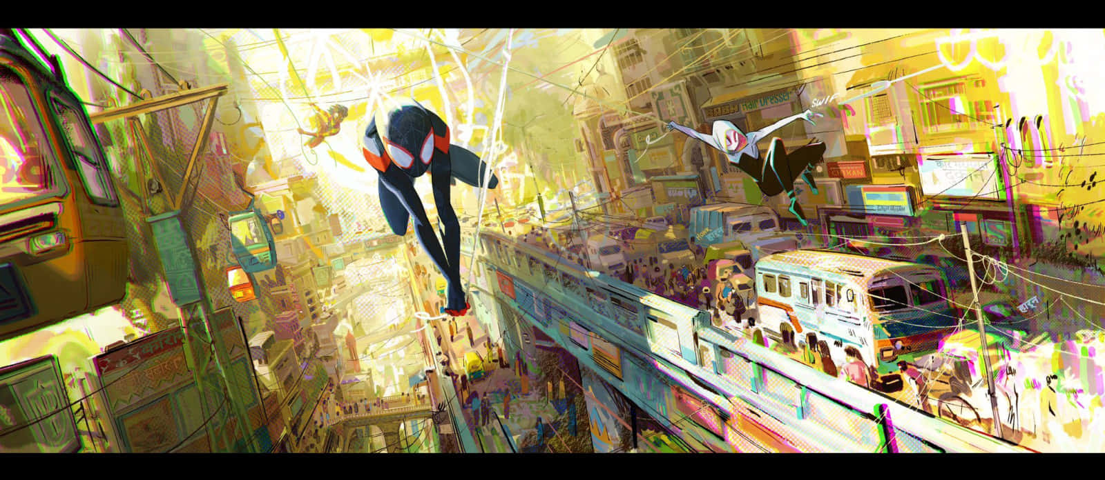 Milesand Gwen Swinging Through City Wallpaper