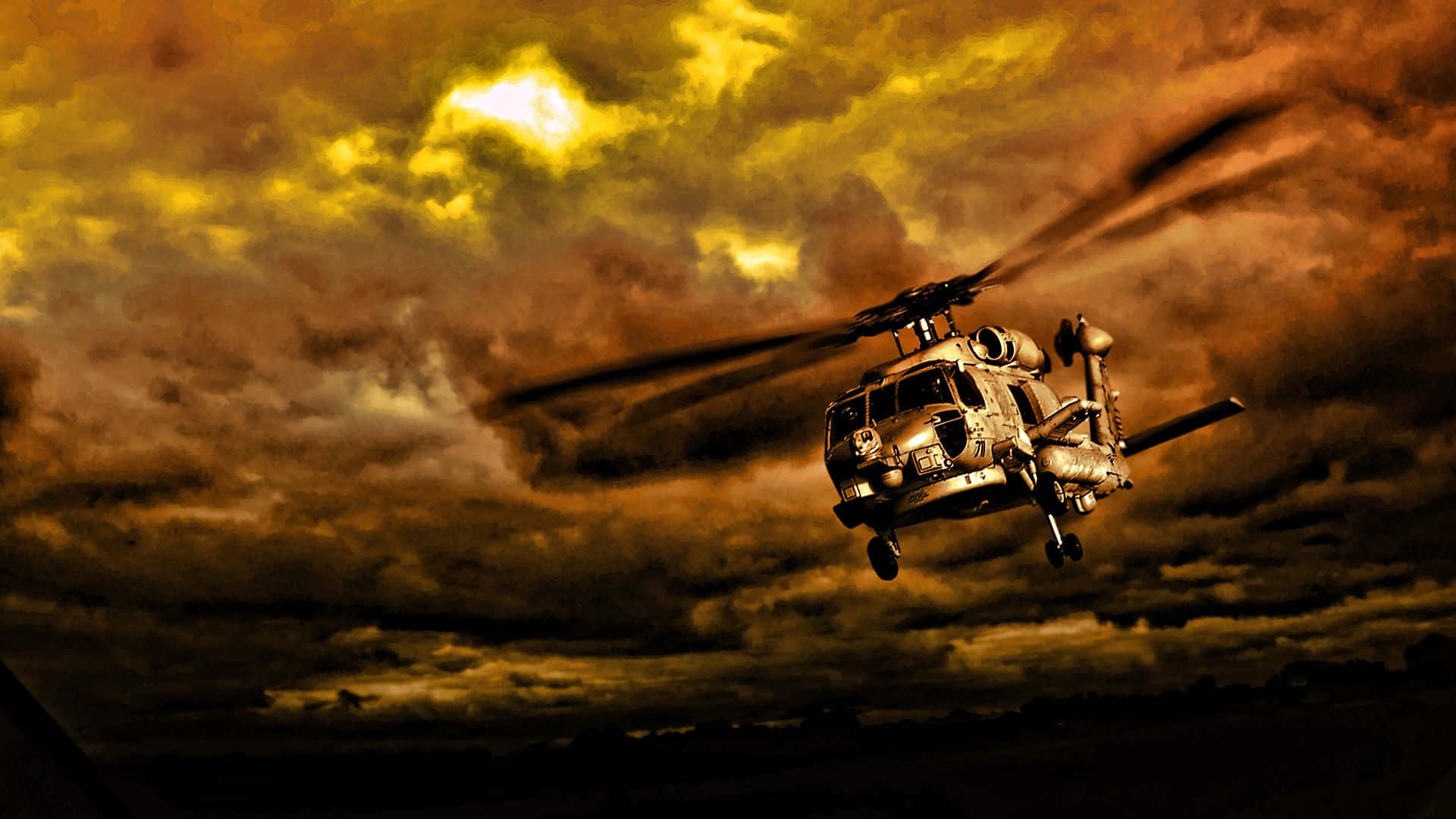 Fondode Pantalla De Atardecer En El Cielo Con Helicóptero Militar Para Escritorio. Fondo de pantalla