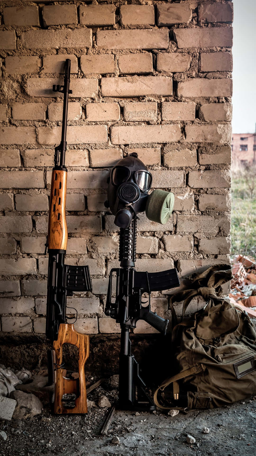 Military Gear Against Brick Wall Wallpaper