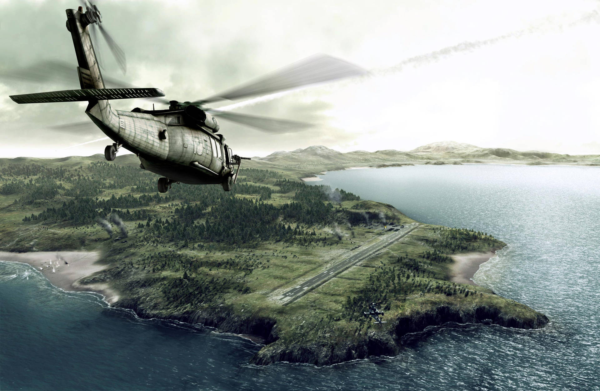 Military Helicopter Approaching Land Wallpaper