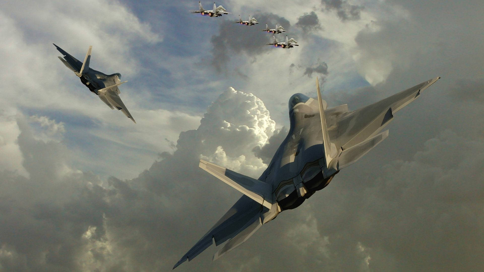 F-22 Raptor military jet takes off in flight Wallpaper
