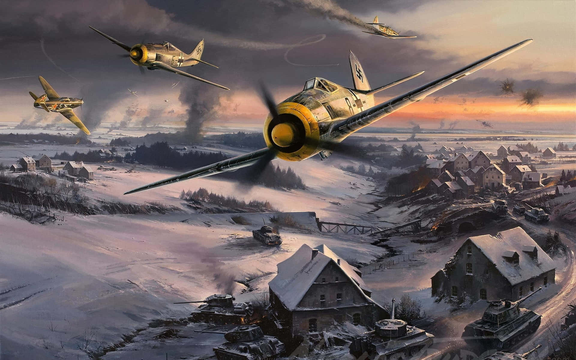 A Painting Of Planes Flying Over A Snowy Village Wallpaper