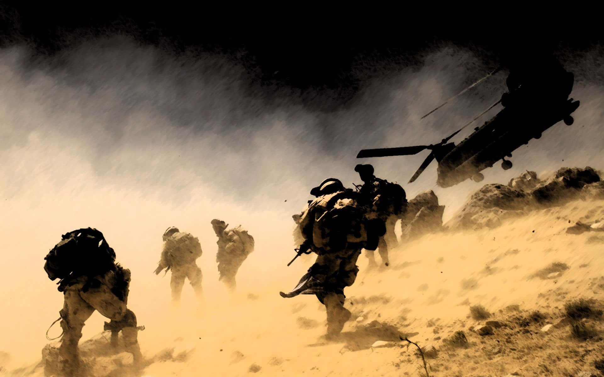 Einegruppe Soldaten Geht Einen Hügel Hinunter, Begleitet Von Einem Hubschrauber. Wallpaper
