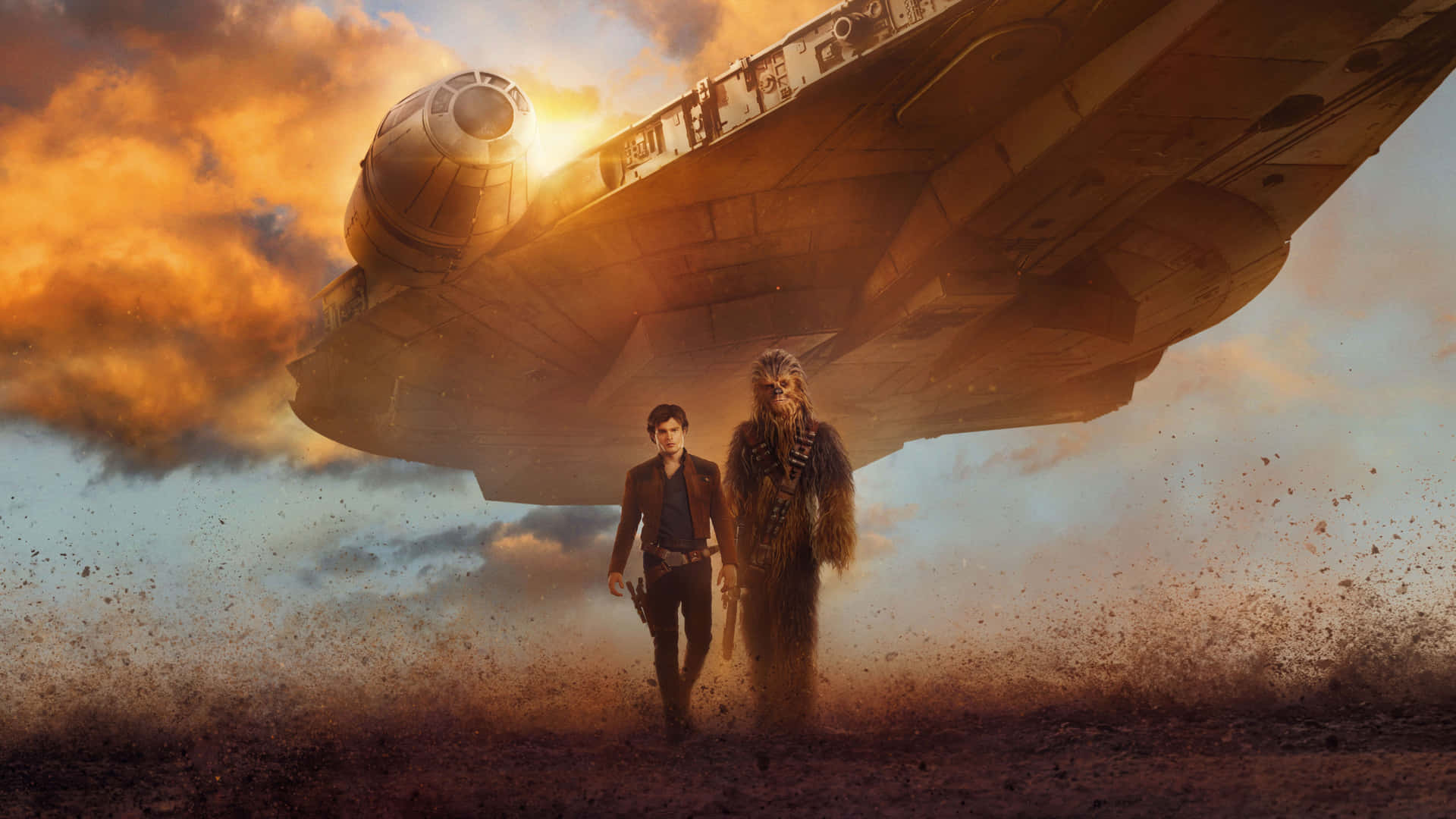 Cassian and Jyn Erso take a ride on the legendary Millennium Falcon. Wallpaper