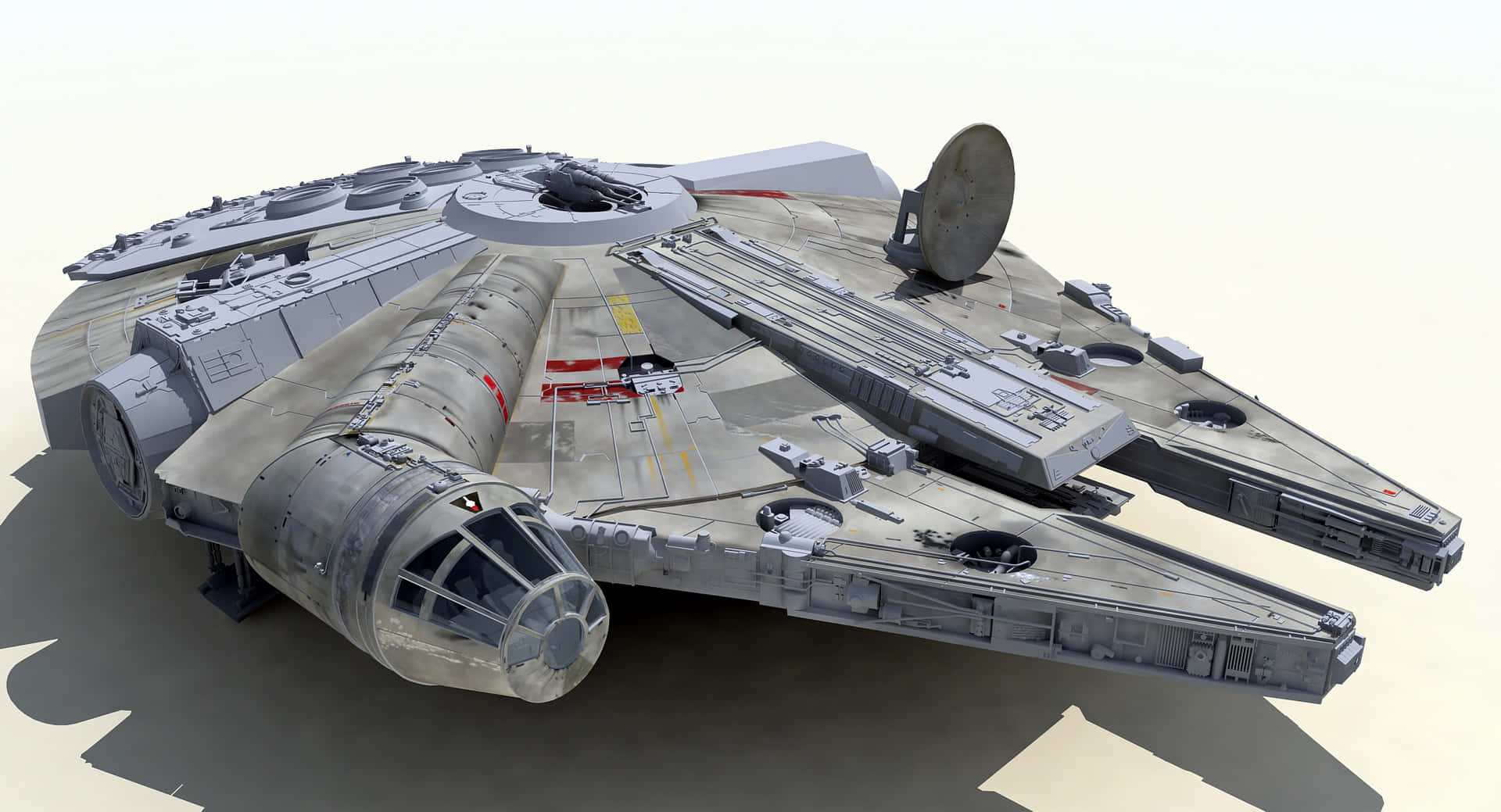 Den ikoniske Millennium Falcon fra Star Wars-universet vises her, udskrevet i strålende teknikfårhed. Wallpaper