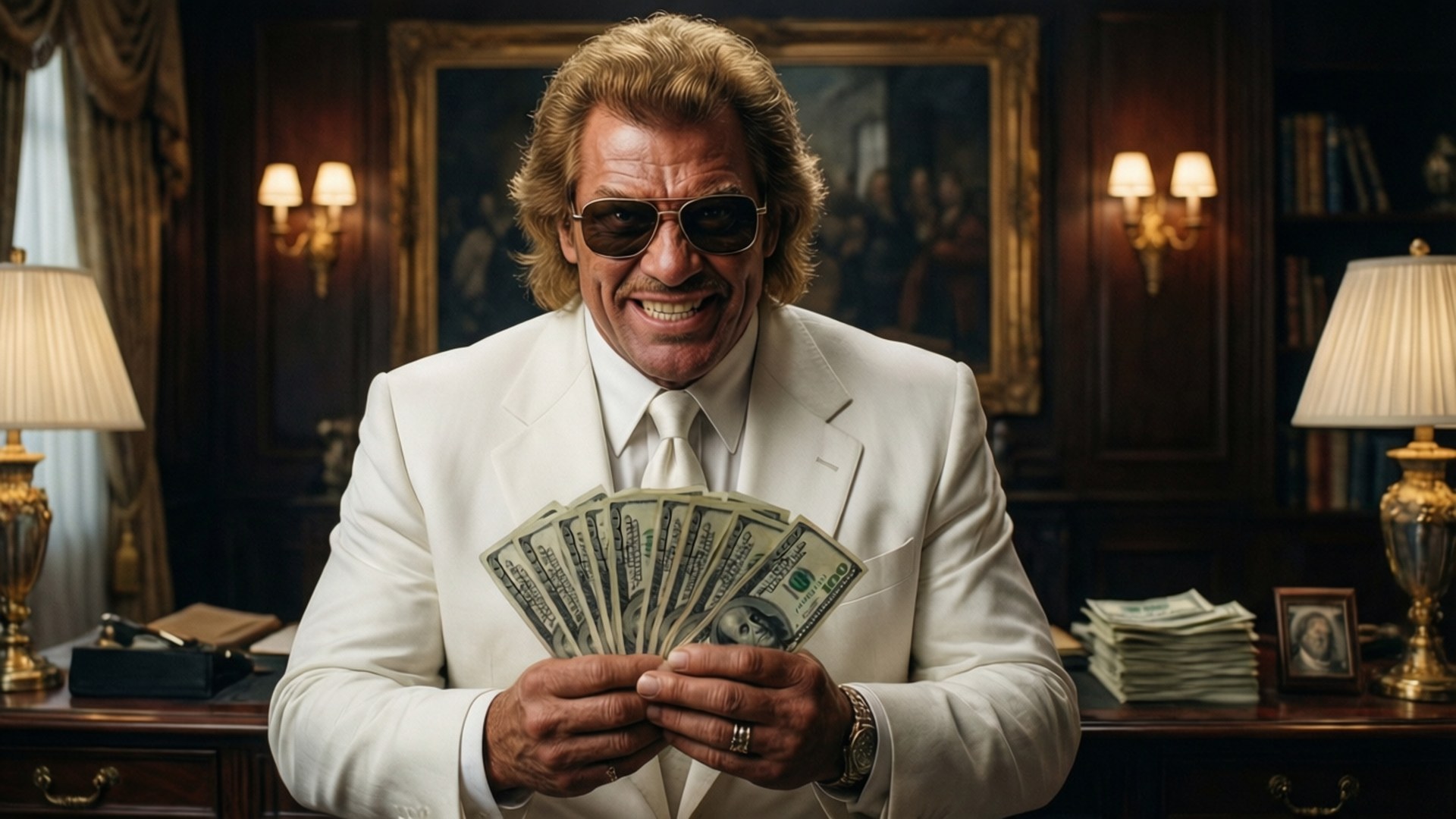 Ted DiBiase memamerkan kekayaannya dengan setelan putih dan uang tunai