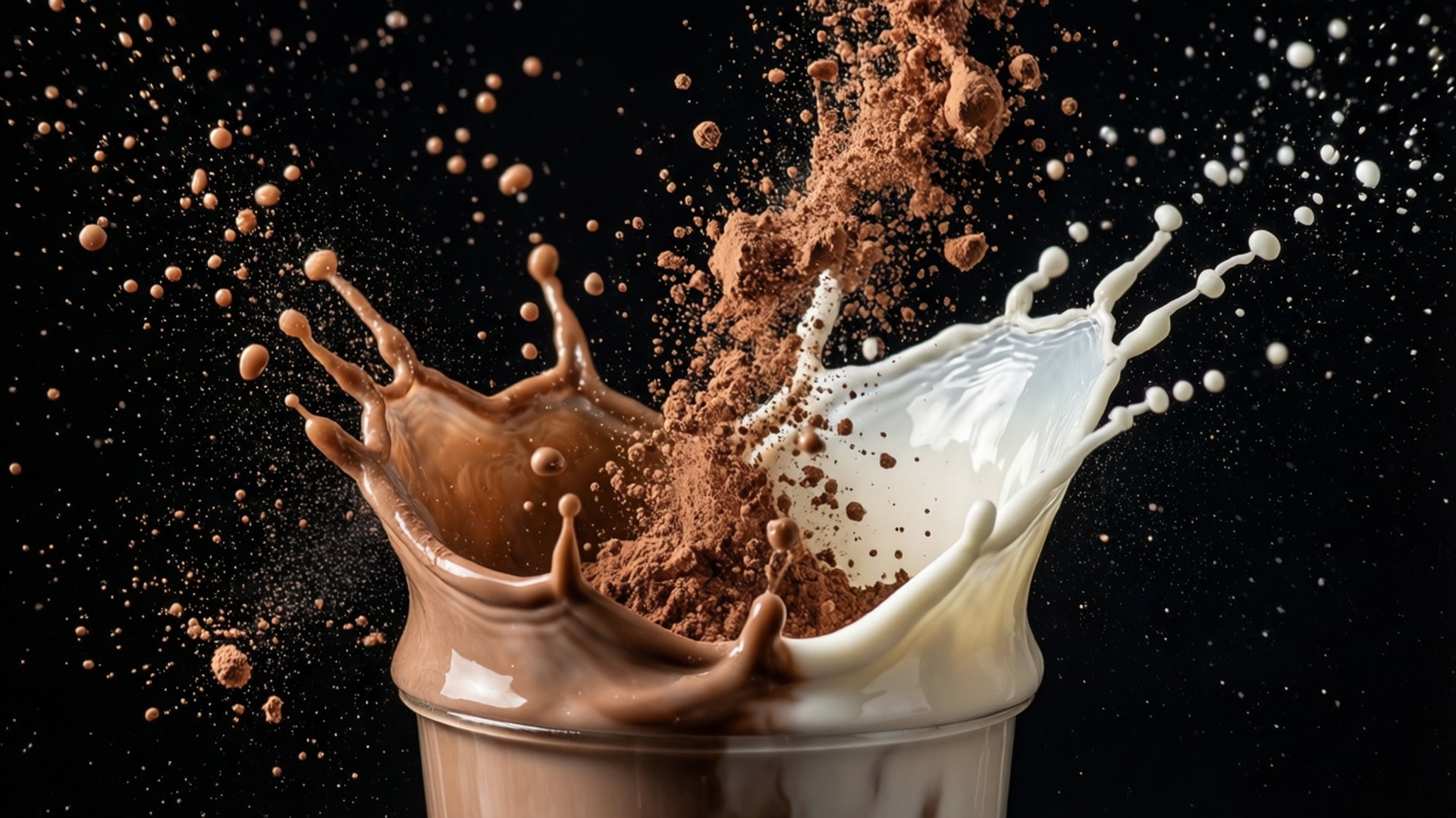 Dynamisk sprut av Milo-pulver og melk frosset i tid