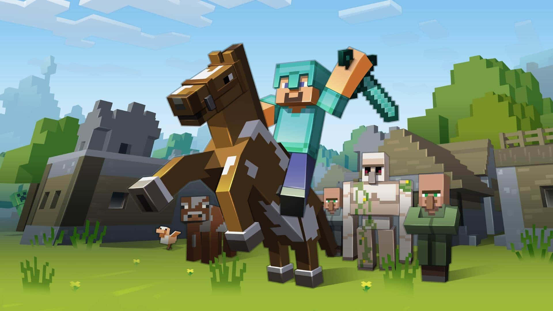 Minecraft_ Adventure_with_ Horse_and_ Villagers Wallpaper