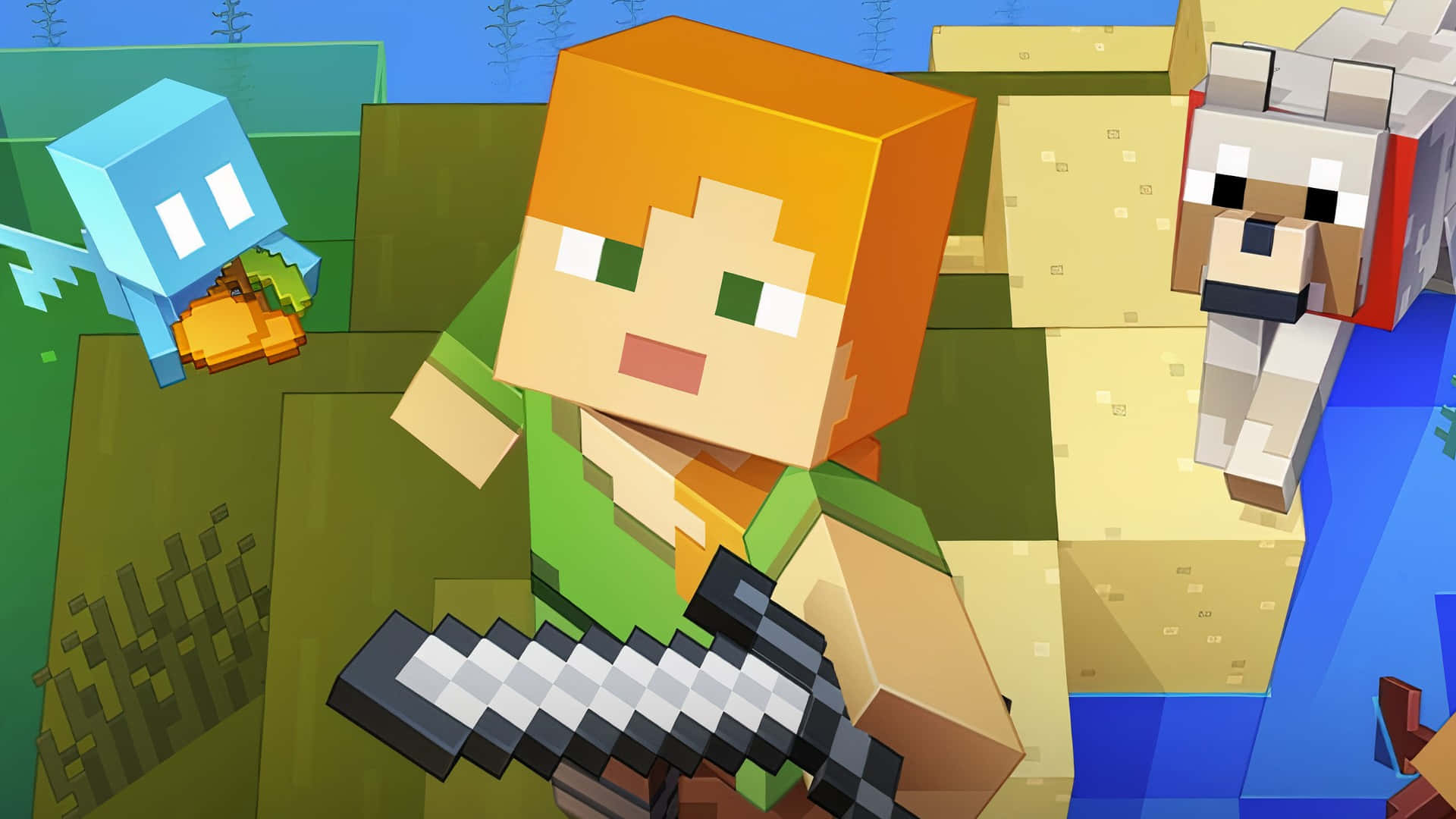 Caption: Determined Minecraft Alex exploring a vast and blocky terrain Wallpaper