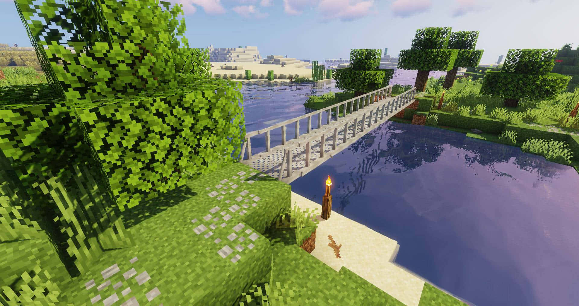 Minecraft Bridge Over Serene Waters Wallpaper