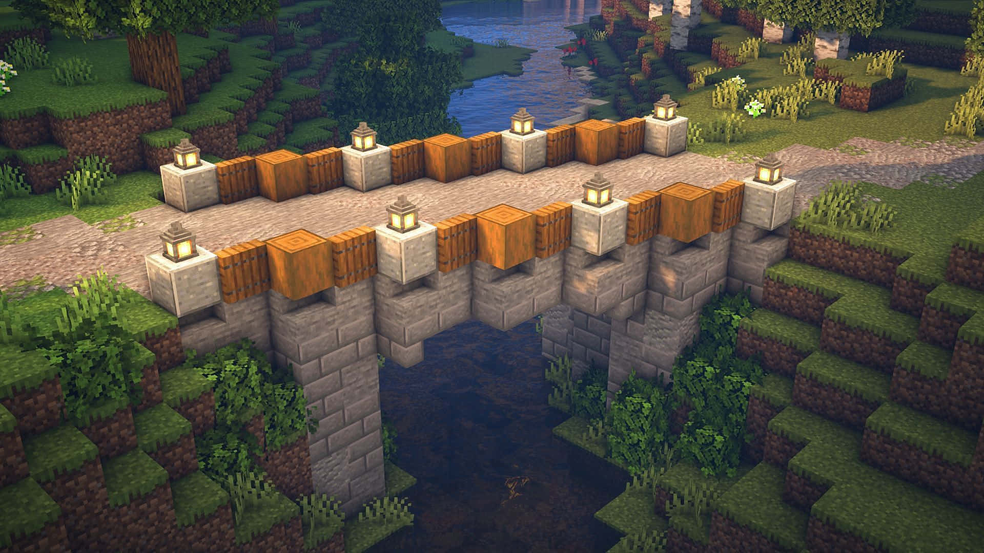Majestic Minecraft Bridge at Sunset Wallpaper