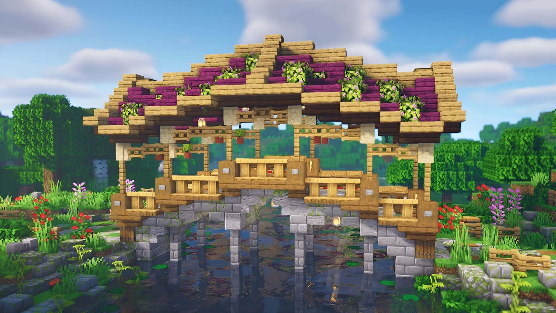 Minecraft Bridge Over River with Stunning Landscape Wallpaper