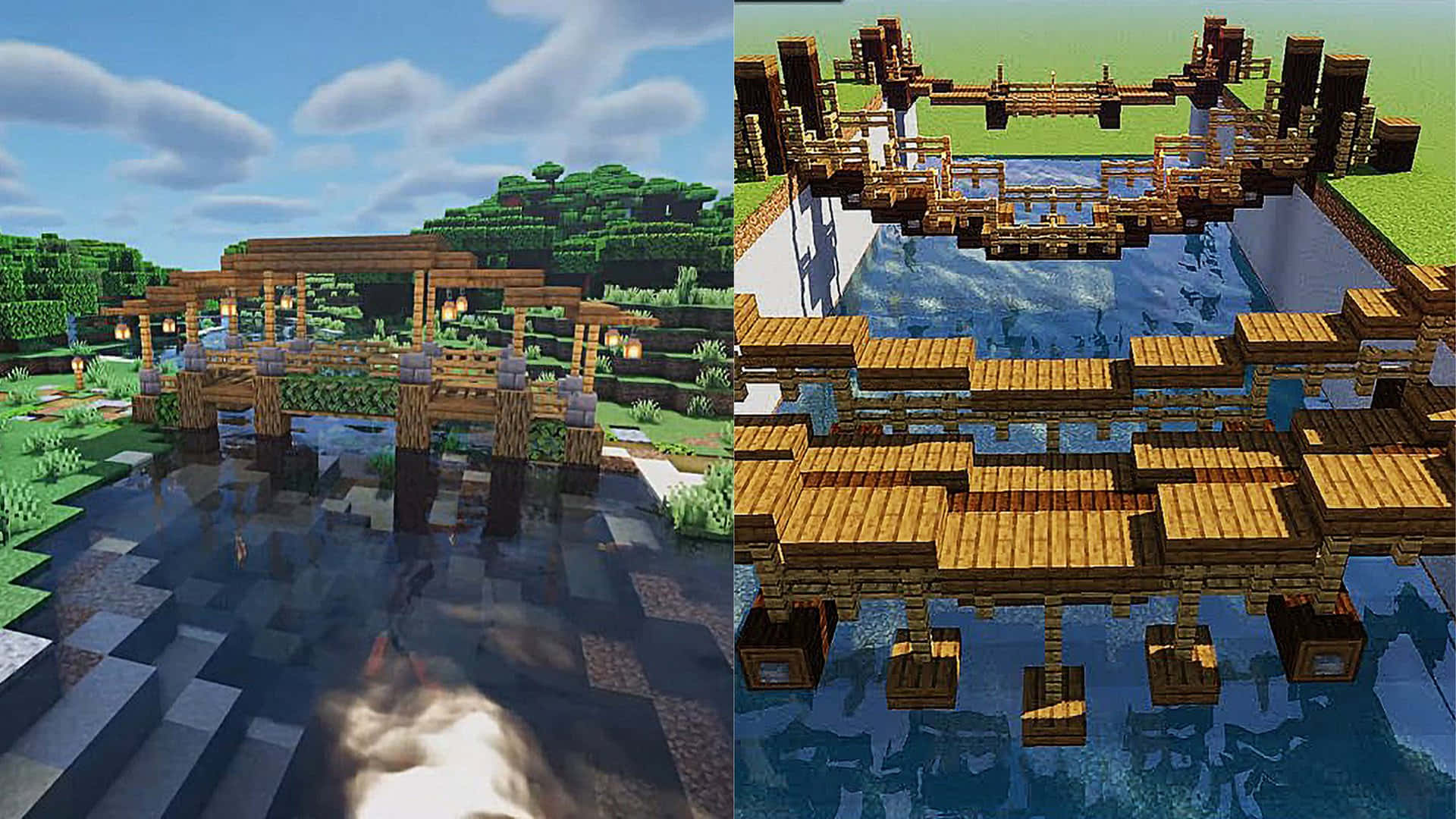 Majestic Minecraft Bridge Over a Beautiful River Wallpaper